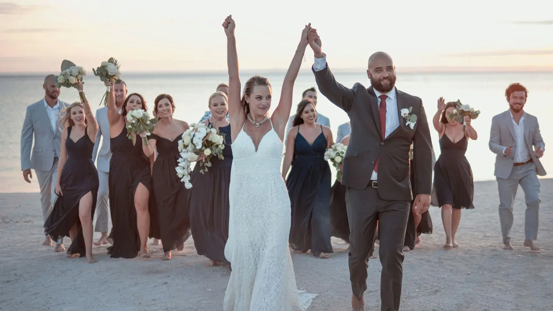 Couple walking with guests